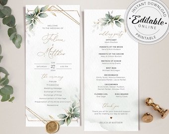 Greenery Hochzeitsprogramm Vorlage, bearbeitbare Reihenfolge des Service (Instant Download) A112