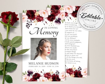 Burgundy Roses Funeral Prayer Card Template (Editable, Printable)