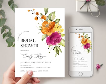 May include: A bridal shower invitation with a watercolor floral design in shades of orange, yellow, and pink. The invitation features the text "Please join us for the Bridal Shower in honor of Emily Kaizen" and details for the event, including the date, time, and location.