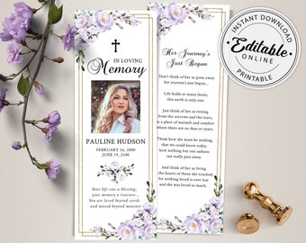 Lavender Funeral Bookmark Template, Celebration of Life Bookmark, Funeral Keepsake Cards, Memorial Card for Remembrance