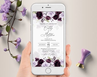 Plantilla de invitación de boda electrónica con rosas moradas y lavanda, invitación de boda editable, Evite, A124