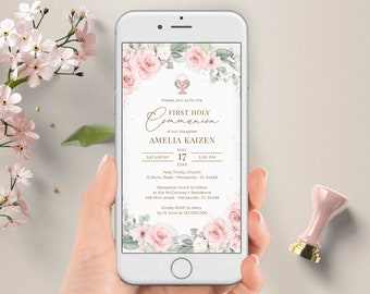 Electronic First Holy Communion Invite Template with Light Pink Roses, Smartphone Invitation, Evite, #126