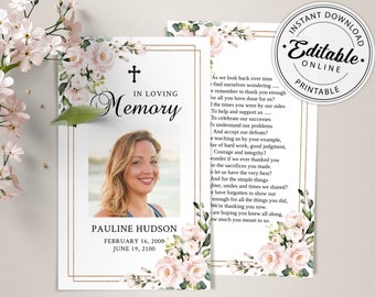 Printable Two-Sided Funeral Prayer Card Template with Watercolor Pink Roses, Editable Memorial Prayer Card Template, Instant Download