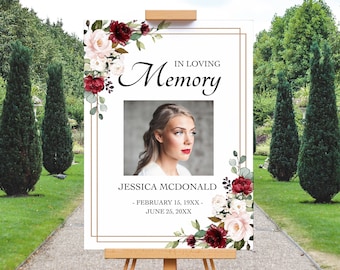 Burgundy Roses Funeral Welcome Sign Template, Celebration of Life (Instant Download)
