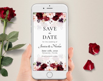 Plantilla electrónica de invitación para guardar la fecha con diseño floral burdeos (Evite) A115