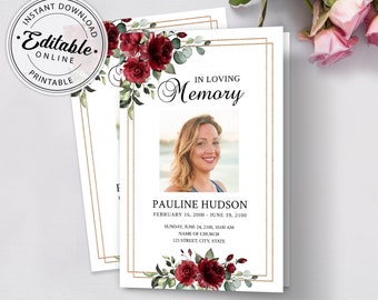 Burgundy Roses Funeral Program Template, Funeral Order of Service (Digital Download)