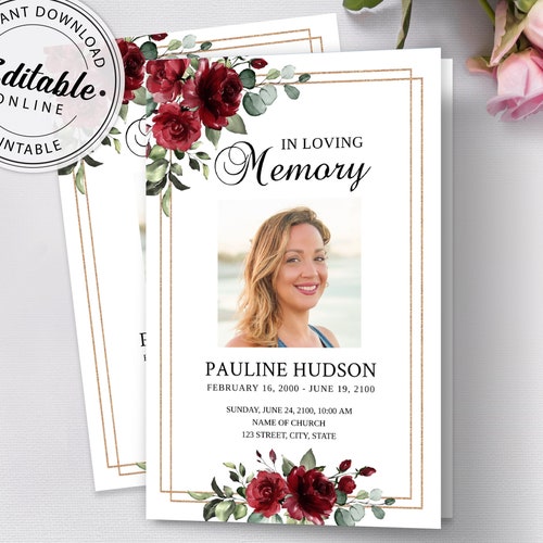 Printable Red Floral Funeral Program Template Memorial Etsy Canada
