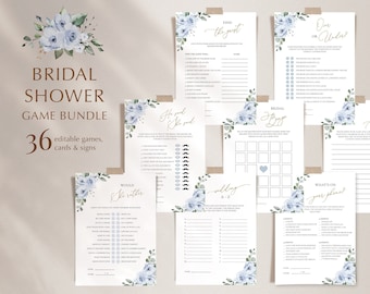 Dusty Blue Bridal Shower Game Bundle, 36 Games, Bridal Shower Activities Set • INSTANT DOWNLOAD • Editable, Printable Template, #127