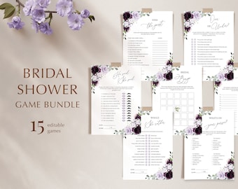 Purple Floral Bridal Shower Game Bundle, 15 Printable Activities (Digital Download) A124