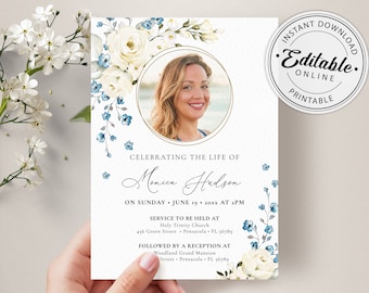 Funeral Announcement Card Template, Funeral Invitation Template, Editable, Printable Memorial Service/Reception Card Template