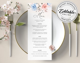Dusty Blue and Blush Pink Menu Template (Wedding, Bridal Shower, Dinner, Brunch) • INSTANT DOWNLOAD • Editable, Printable Template, #122