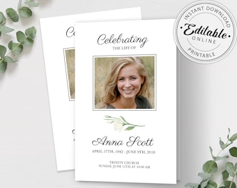 Editable Funeral Program Template, Funeral Order of Service (Digital Download)