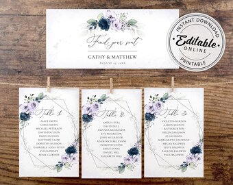 Navy & Lavender Wedding Seating Chart Template (Digital Download)
