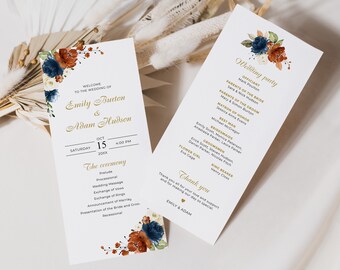 Terrakotta, Marineblau und Elfenbein Hochzeitsprogramm Vorlage • SOFORTIGER DOWNLOAD • Bearbeitbare, druckbare Vorlage, #137