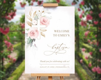 Plantilla de letrero de bienvenida para bautizo rosa claro, plantilla de letrero de bienvenida para bautizo/comunión • DESCARGA INSTANTÁNEA • Plantilla editable e imprimible, n.° 126