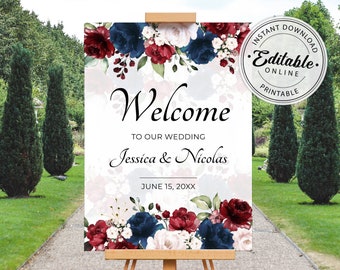 Burgundy and Navy Blue Wedding Welcome Sign Template • INSTANT DOWNLOAD • Editable, Printable Template, A123