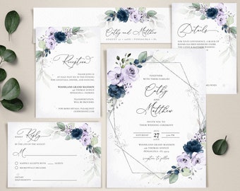 Lavender and Navy Blue Wedding Invitation Template Set • INSTANT DOWNLOAD • Editable, Printable Templates, A129