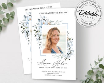 Blue Funeral Program Template, Order of Service (Digital Download)