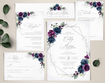 Purple and Navy Blue Wedding Invitation Template Set, Wedding Invite Template Suite • INSTANT DOWNLOAD • Editable, Printable Templates, A131