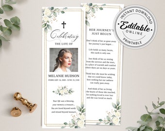 Printable Funeral Bookmark Template with White Roses, Celebration of Life Bookmark, Funeral Keepsake Cards, Memorial Card for Remembrance