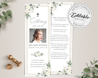 Printable Funeral Bookmark Template with White Roses, Celebration of Life Bookmark, Funeral Keepsake Cards, Memorial Card for Remembrance