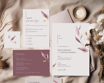 Modern Mauve Wedding Invitation Template Suite, Wedding Invite Template Set • INSTANT DOWNLOAD • Editable, Printable Template, #108