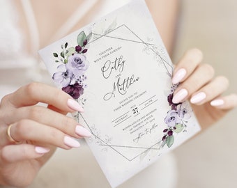 Lavender and Purple Roses Wedding Invitation Template, Editable Printable (Instant Download) A133