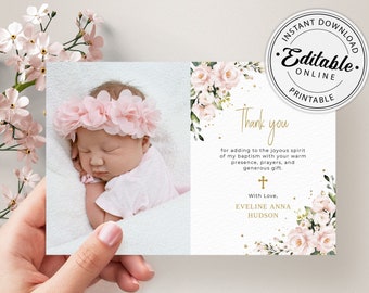 Baptism Thank you Card Template with Blush Pink Roses, Thank You Note Template • INSTANT DOWNLOAD • Editable, Printable Templates, A117