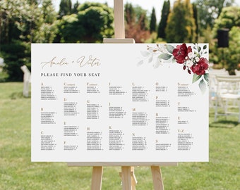 Alphabetical Wedding Seating Chart Template with Burgundy Roses • INSTANT DOWNLOAD • Editable, Printable Template, #141