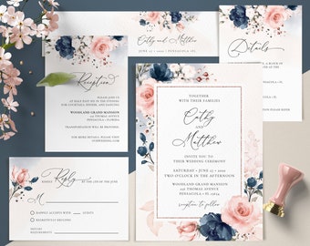 Navy Blue and Blush Pink Wedding Invitation Template Set, Wedding Invite Template Suite • INSTANT DOWNLOAD • Editable Templates, A120
