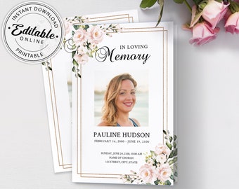 Pink Roses Funeral Program Template, Funeral Order of Service (Instant Download)