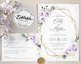 Lavendel Hochzeitseinladung Vorlage und Antwortkartenvorlage • SOFORTIGER DOWNLOAD • Bearbeitbare, druckbare Vorlagen, #101