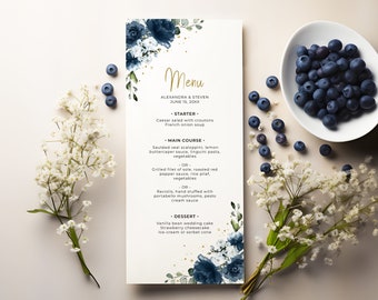 Navy Blue Roses Menu Template (Printable, Editable Digital Download)
