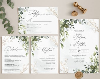 Boho Greenery Wedding Invitation Template Set, Wedding Templates Suite • INSTANT DOWNLOAD • Editable, Printable Template, A107