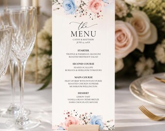 Blue and Blush Pink Wedding Menu Template, Editable, Printable Digital Download #122