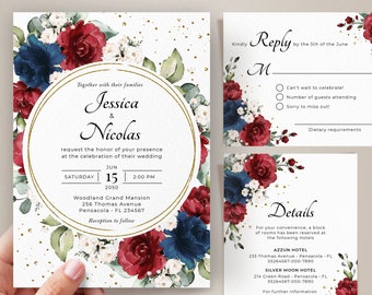Navy Blue and Burgundy Wedding Invitation Template Suite | Etsy