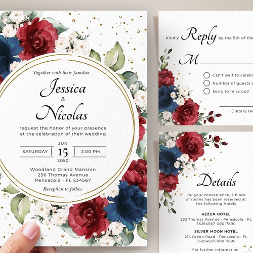 Burgundy and Navy Blue Wedding Invitation Template Suite - Etsy