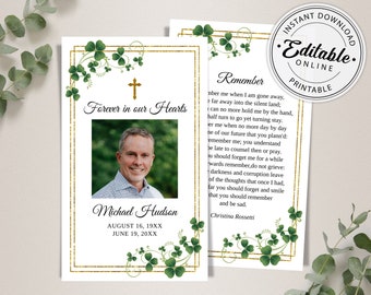 Editable Funeral Prayer Card Template with Shamrocks, Printable Memorial Prayer Card Template, Funeral Prayer Card Template