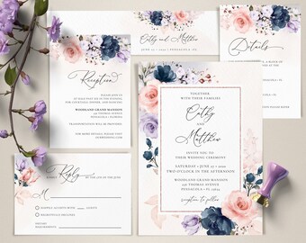 Floral Wedding Invitation Template Set, Navy, Blush, Lavender (Instant Download)