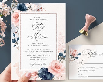 Navy Blue and Blush Pink Wedding Invitation Template, Invite and RSVP Card Template • INSTANT DOWNLOAD • Editable, Printable Template, A120