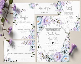 Lavender & Blue Floral Wedding Invitation Template Set (Digital Download)