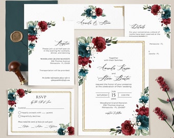 Burgundy and Teal Floral Wedding Invitation Template Suite (Editable, Printable Digital Download) #103