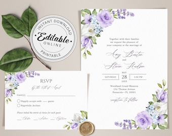 Lavender, White, and Blue Floral Wedding Invitation & RSVP Template (Instant Download)