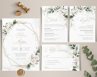 Greenery Wedding Invitation Template Set, Greenery Wedding Invite with White Roses • INSTANT DOWNLOAD • Editable, Printable Template, A109