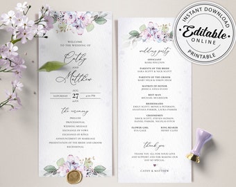 May include: A wedding ceremony program with a watercolor floral design in shades of purple and green. The program includes the names Cathy and Matthew, the date August 27th, and a list of the wedding party members.