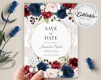 Burgundy and Navy Blue Wedding Save the Date Template • INSTANT DOWNLOAD • Editable, Printable Template, A123
