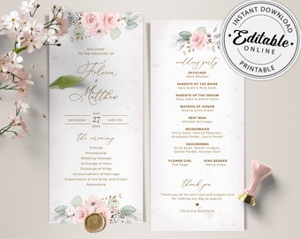 Wedding Program Template with Pink Roses • INSTANT DOWNLOAD • Editable, Printable Template, #126