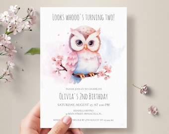 Pink Owl Birthday Invitation Template, Girl 2nd Birthday (Digital Download)