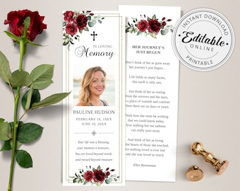 Burgundy/Red Funeral Bookmark Template • INSTANT DOWNLOAD • Editable, Printable Template