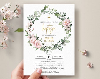 Greenery Wreat, and Pink Roses Baptism Invitation Template (Instant Download), A110